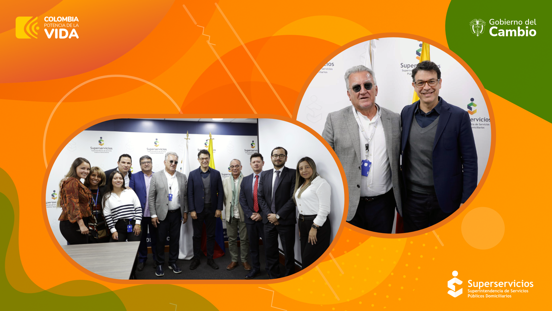 Junto al superintendente, Dagoberto Quiroga, el representante de ONU-Hábitat, Elkin Velásquez. Acompañados de Hugo Guanunem, delegado (e) para Acueducto, Alcantarillado y Aseo; Luis Adolfo Vargas, director (e) de Gestión de Energía; Manuel Molina, director (e) de Entidades Intervenidas; Oscar Marmolejo, asesor de Relaciones Internacionales; Juan Camilo Cruz, asesor del despacho, y las funcionarias Andrea Gelpud, Yolanda Arteaga, Laura Ramírez y Daniela Reyes.