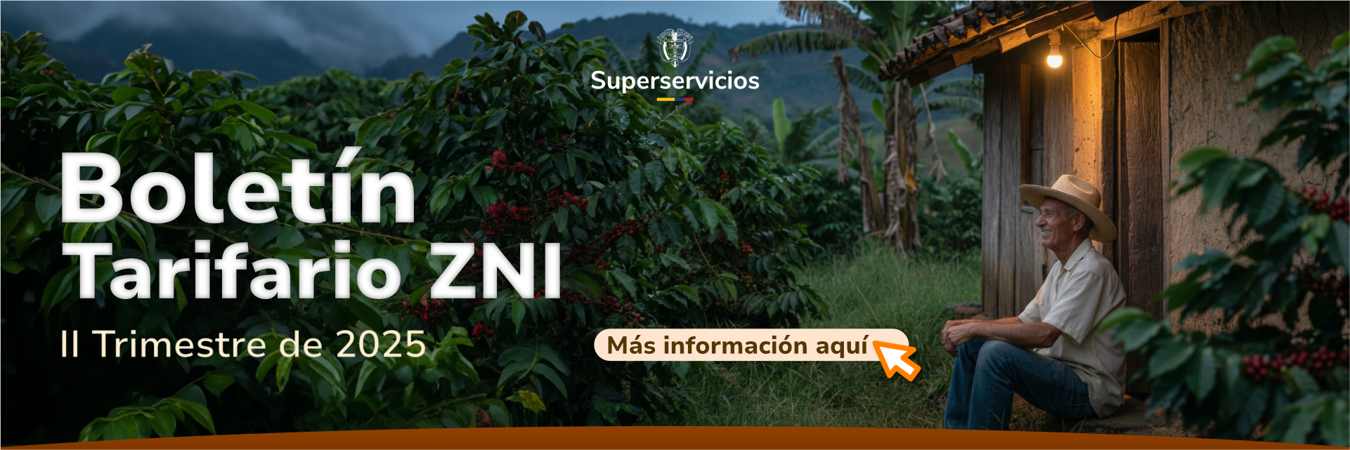 Hombre con un sombrero sentado junto a una pequeña finca bajo la luz de un bombillo en el exterior.