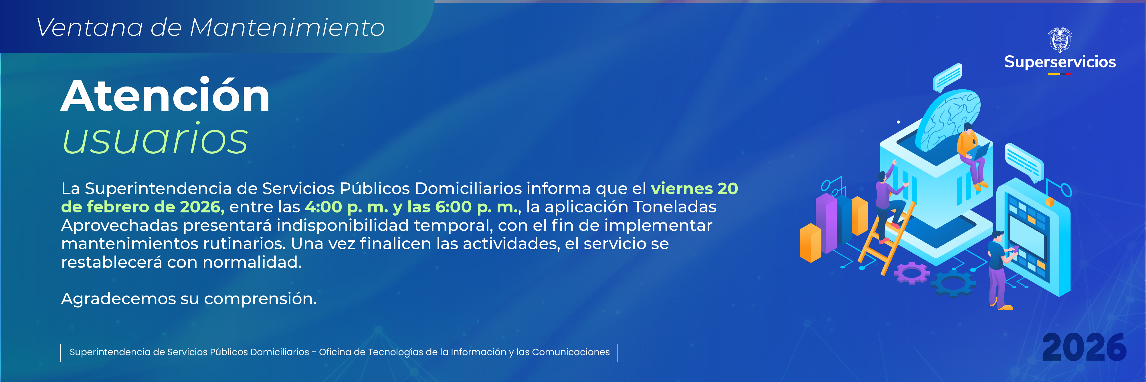Ventana de Mantenimiento: Indisponibilidad 20 de febrero de 2026