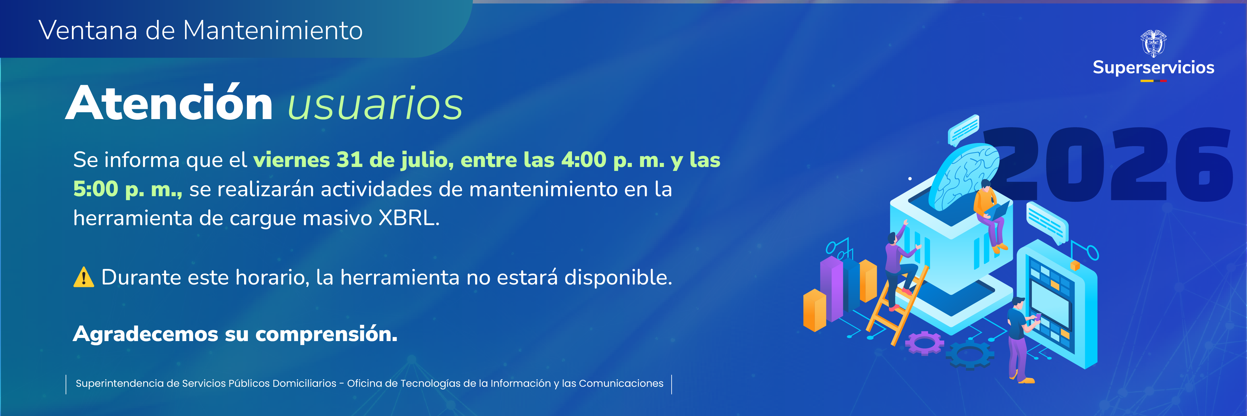 Banner ventana de mantenimiento cargue masivo XBRL