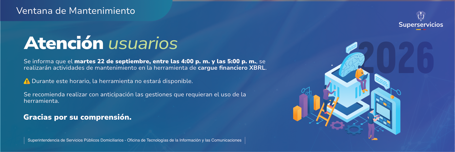 Banner Ventana de mantenimiento - Cargue financiero XBRL