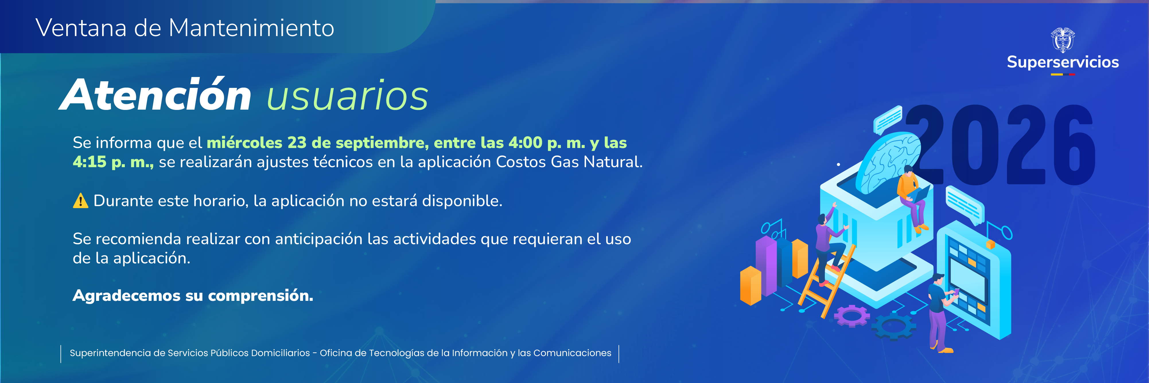 banner Ventana de mantenimiento - Ajustes técnicos aplicación Costos Gas Natural