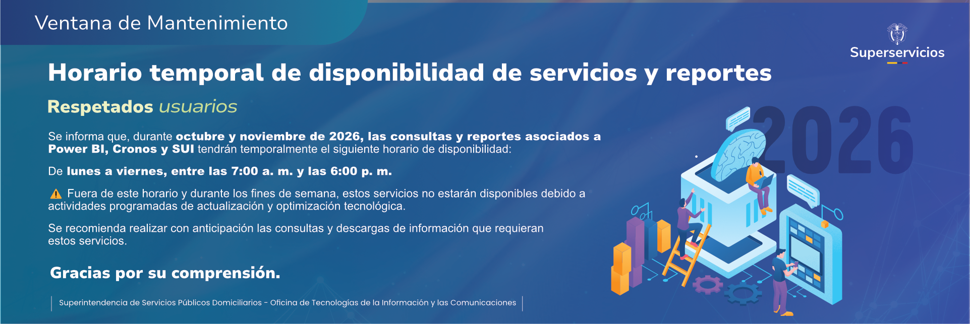 Banner ventana de mantenimiento - horario temporal de disponibilidad de servicios y reportes