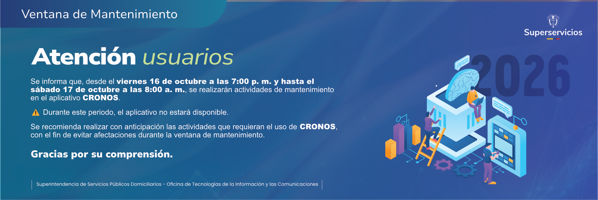 Banner ventana de mantenimiento aplicativo Cronos